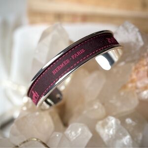 Hermes-Paris Brown Fuchsia Ribbon Silver Cuff Bracelet
